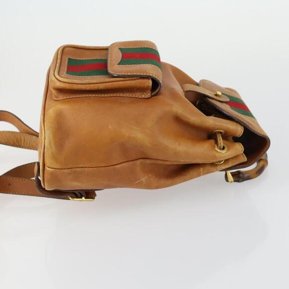 GUCCI Bamboo Web Sherry Line Backpack Leather Brown Red Auth 151581 - Picture 3 of 16